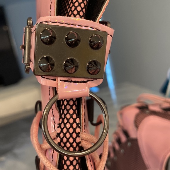 Goth Mid-calf Pink Hologram Platform Lace-up, Zip-up Combat Boots - Picture 8 of 10